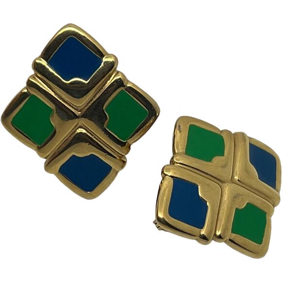 Vintage Monet Gold Clip-On Earrings with Green & Blue Enamel Diamond Shape 1980s - Picture 3 of 9